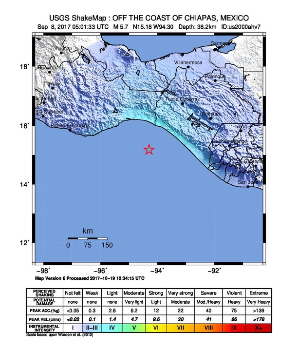 USGS ShakeMap: estimated shaking intensity around the epicenter