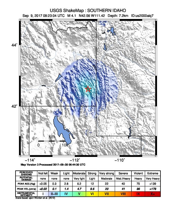 USGS ShakeMap: estimated shaking intensity around the epicenter