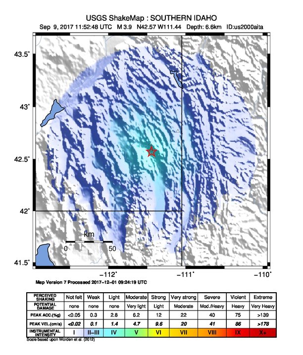 USGS ShakeMap: estimated shaking intensity around the epicenter