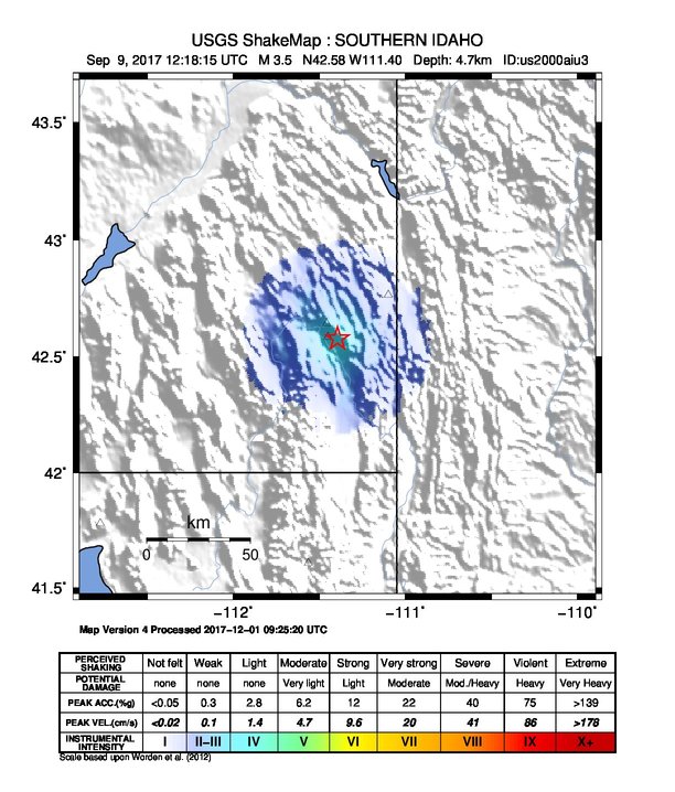 USGS ShakeMap: estimated shaking intensity around the epicenter