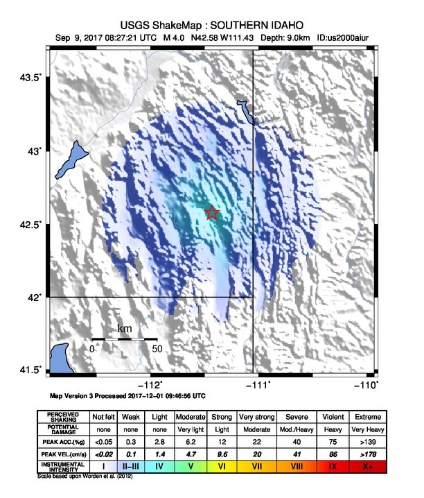 USGS ShakeMap: estimated shaking intensity around the epicenter