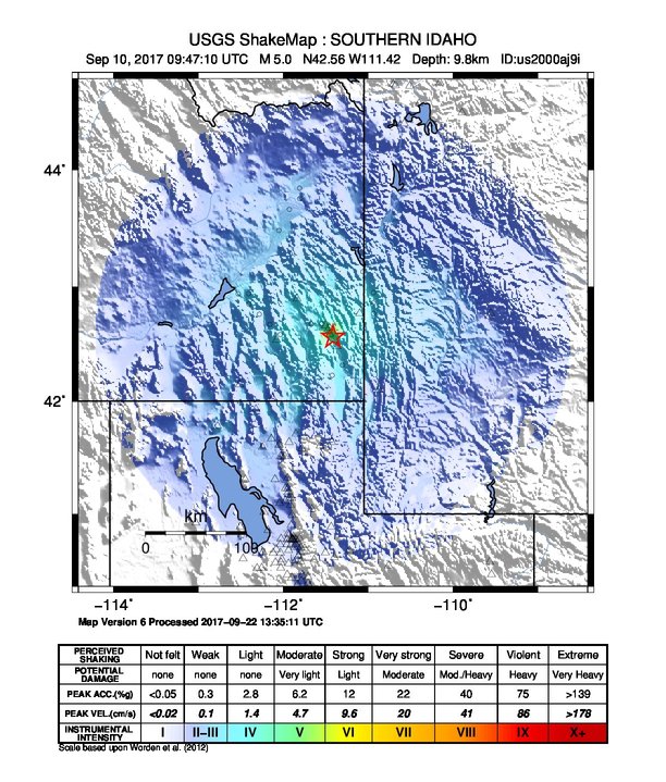 USGS ShakeMap: estimated shaking intensity around the epicenter