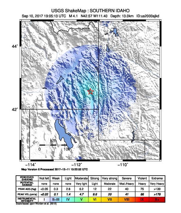 USGS ShakeMap: estimated shaking intensity around the epicenter