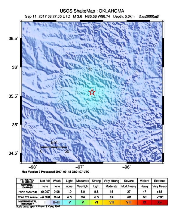 USGS ShakeMap: estimated shaking intensity around the epicenter