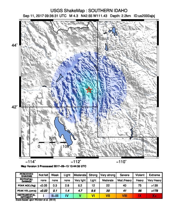USGS ShakeMap: estimated shaking intensity around the epicenter