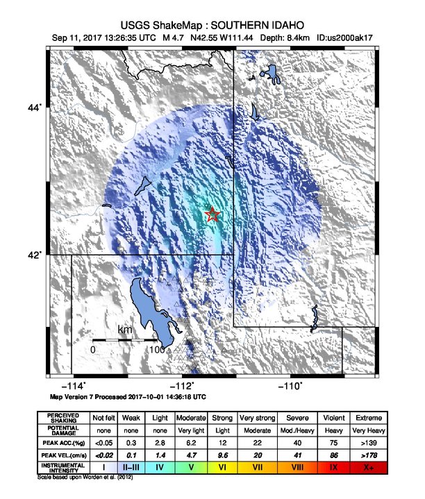 USGS ShakeMap: estimated shaking intensity around the epicenter