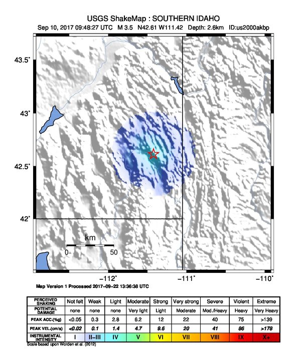 USGS ShakeMap: estimated shaking intensity around the epicenter