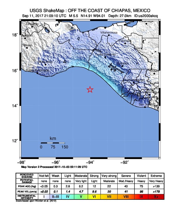 USGS ShakeMap: estimated shaking intensity around the epicenter
