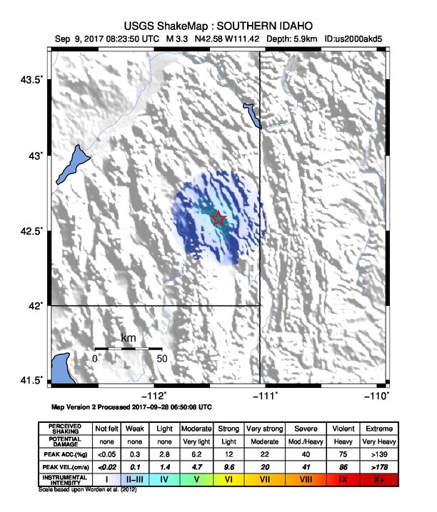 USGS ShakeMap: estimated shaking intensity around the epicenter
