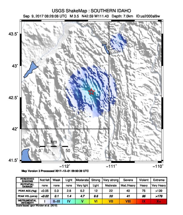 USGS ShakeMap: estimated shaking intensity around the epicenter