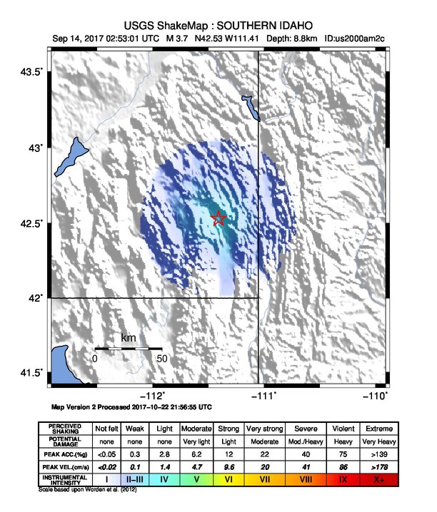 USGS ShakeMap: estimated shaking intensity around the epicenter