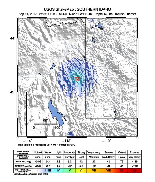 USGS ShakeMap: estimated shaking intensity around the epicenter