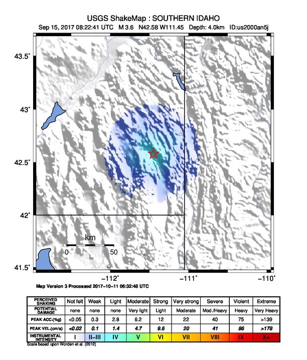 USGS ShakeMap: estimated shaking intensity around the epicenter