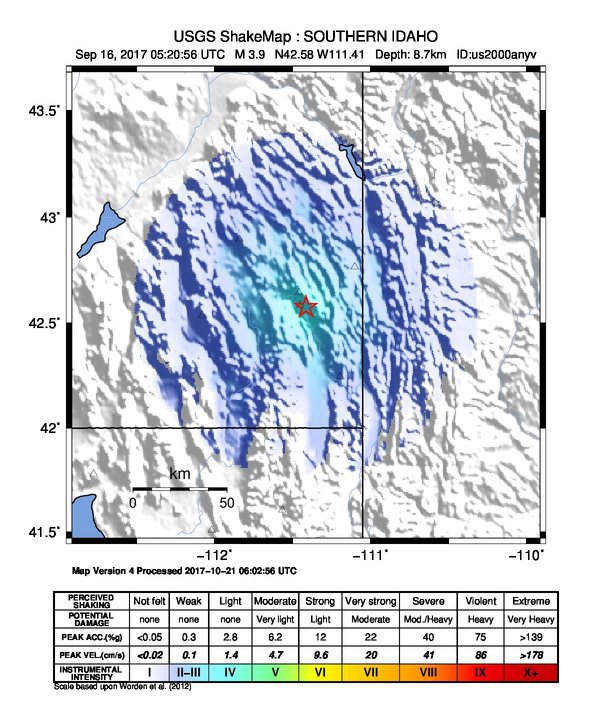 USGS ShakeMap: estimated shaking intensity around the epicenter