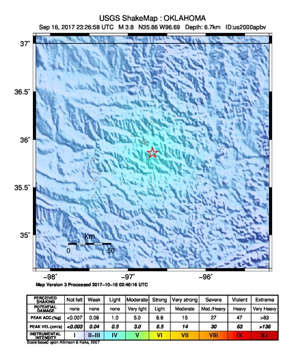 USGS ShakeMap: estimated shaking intensity around the epicenter