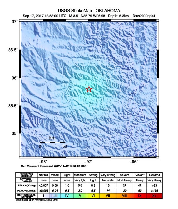 USGS ShakeMap: estimated shaking intensity around the epicenter