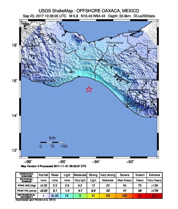 USGS ShakeMap: estimated shaking intensity around the epicenter