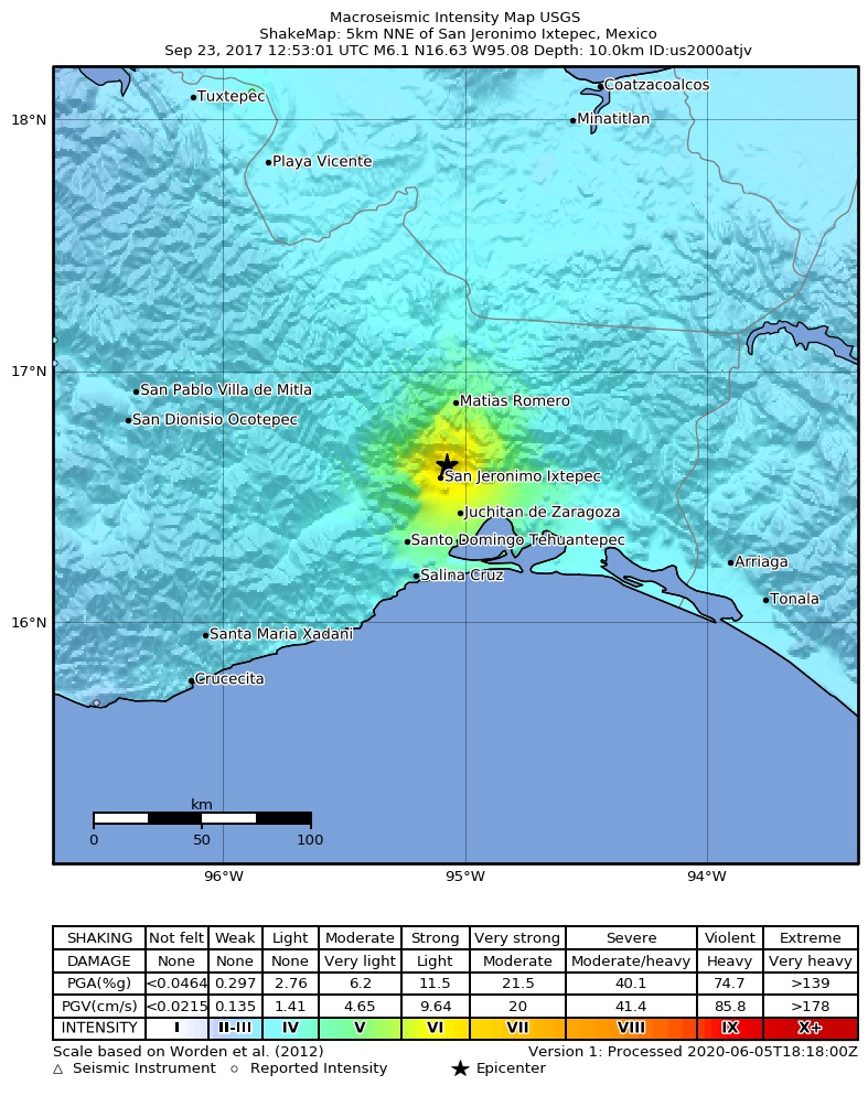 USGS ShakeMap: estimated shaking intensity around the epicenter
