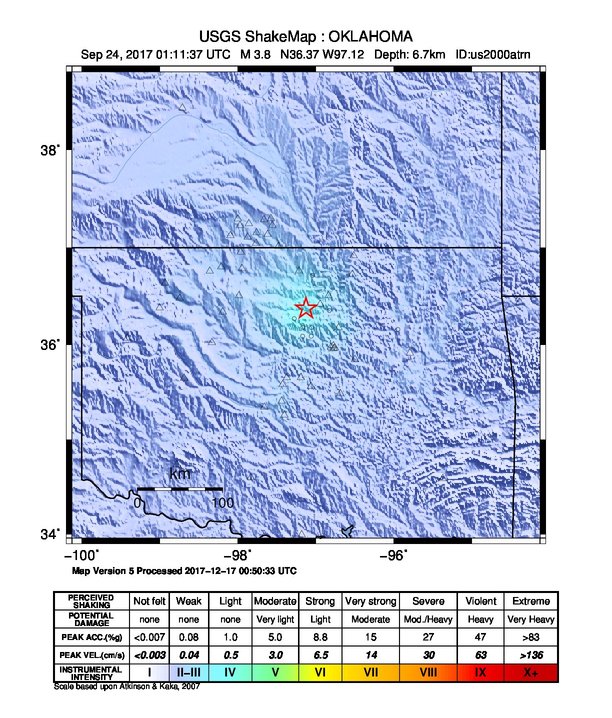 USGS ShakeMap: estimated shaking intensity around the epicenter