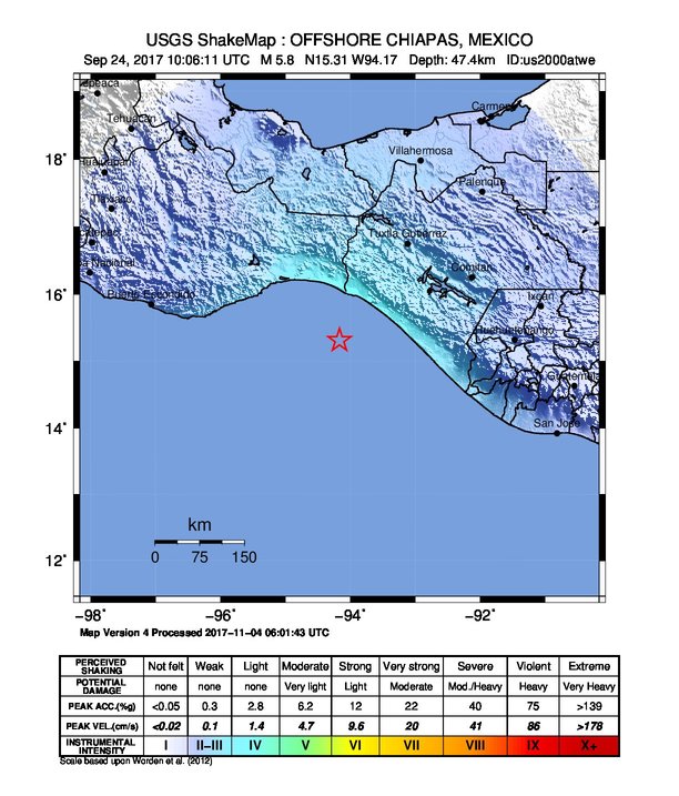 USGS ShakeMap: estimated shaking intensity around the epicenter