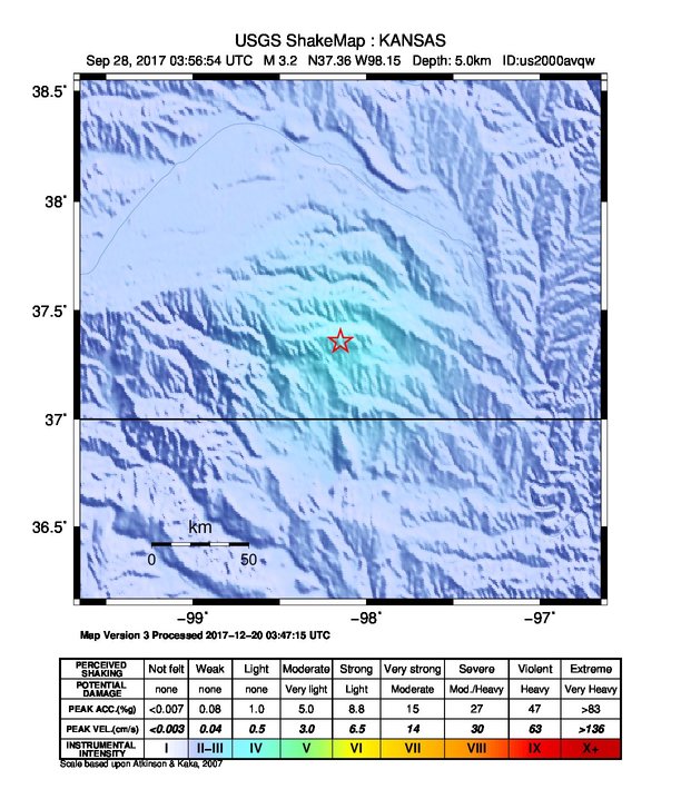 USGS ShakeMap: estimated shaking intensity around the epicenter