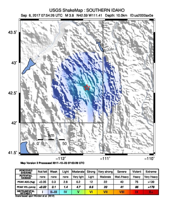 USGS ShakeMap: estimated shaking intensity around the epicenter