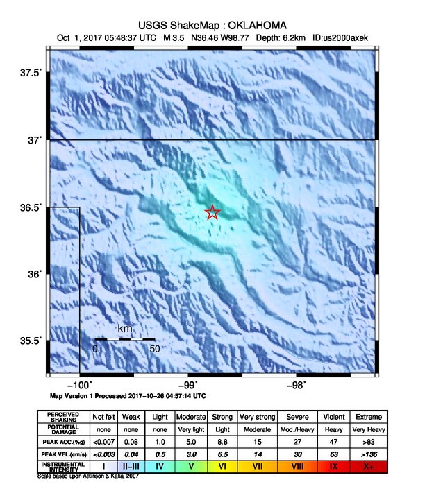 USGS ShakeMap: estimated shaking intensity around the epicenter
