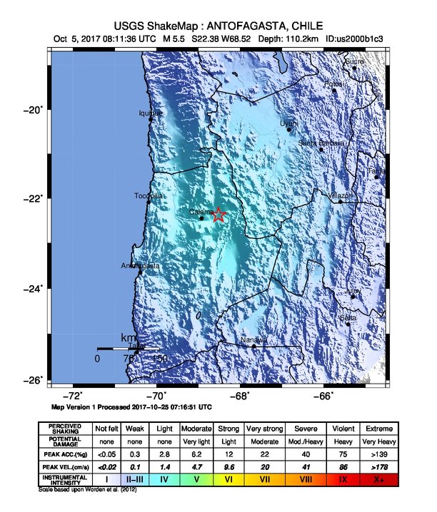 USGS ShakeMap: estimated shaking intensity around the epicenter