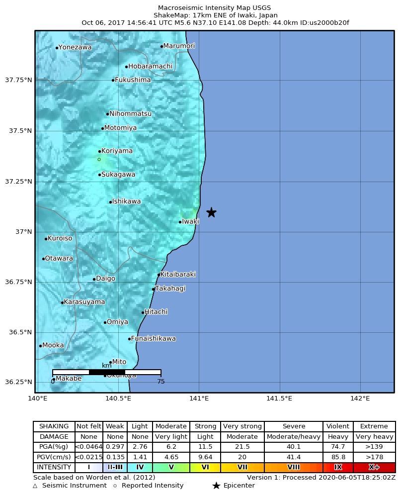 USGS ShakeMap: estimated shaking intensity around the epicenter