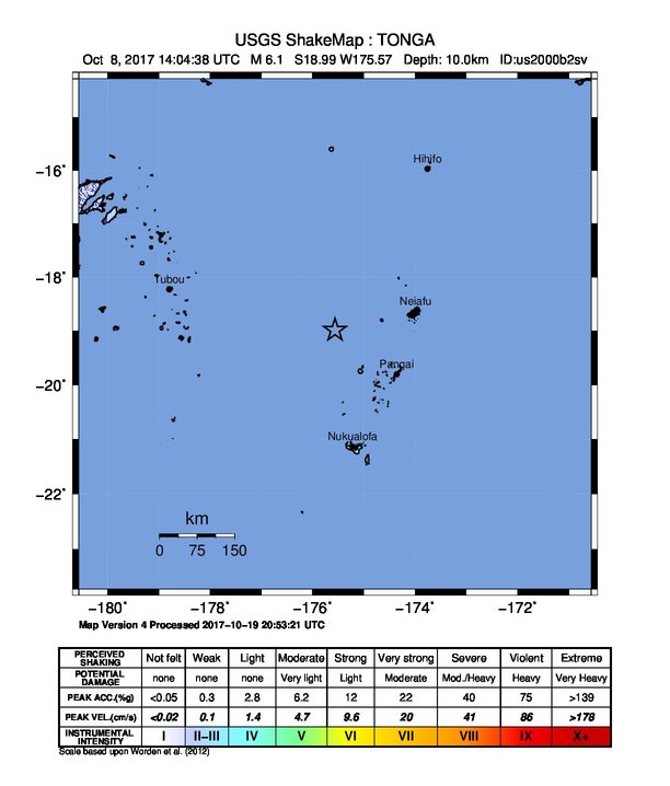 USGS ShakeMap: estimated shaking intensity around the epicenter