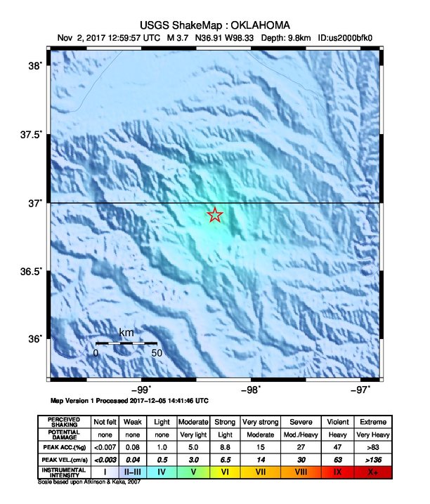 USGS ShakeMap: estimated shaking intensity around the epicenter