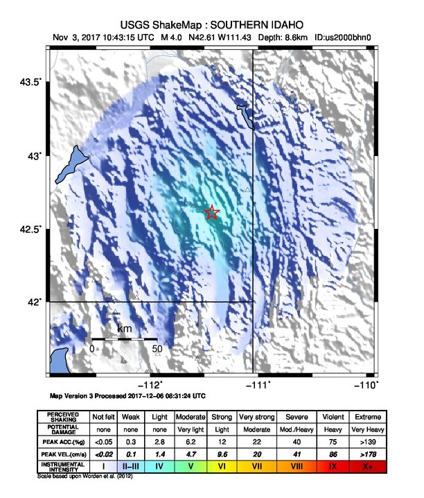 USGS ShakeMap: estimated shaking intensity around the epicenter