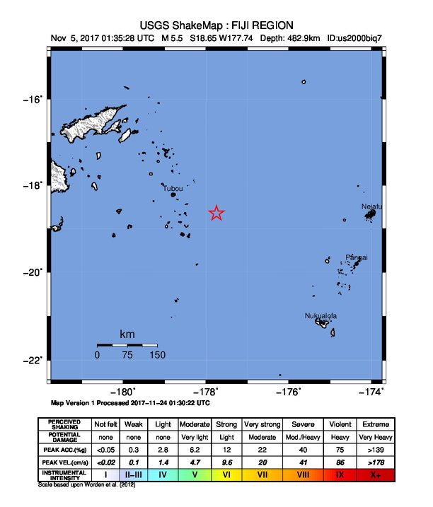 USGS ShakeMap: estimated shaking intensity around the epicenter