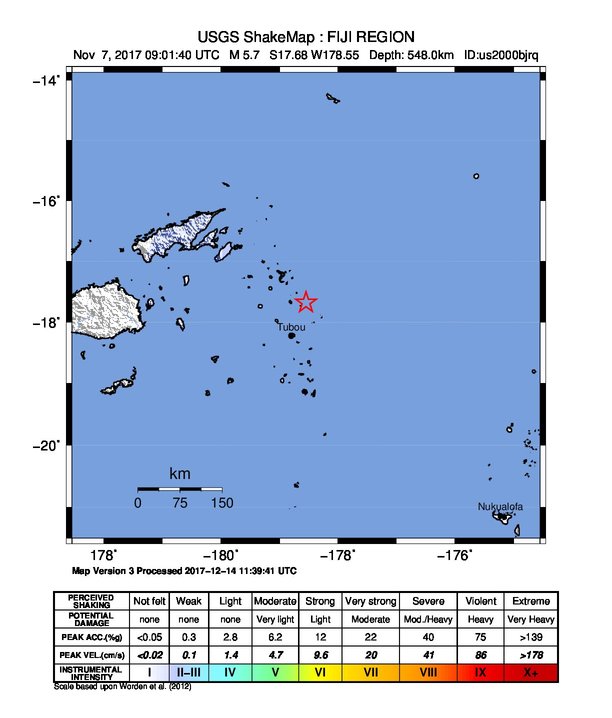 USGS ShakeMap: estimated shaking intensity around the epicenter