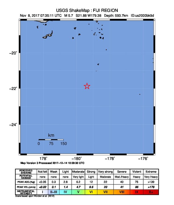 USGS ShakeMap: estimated shaking intensity around the epicenter