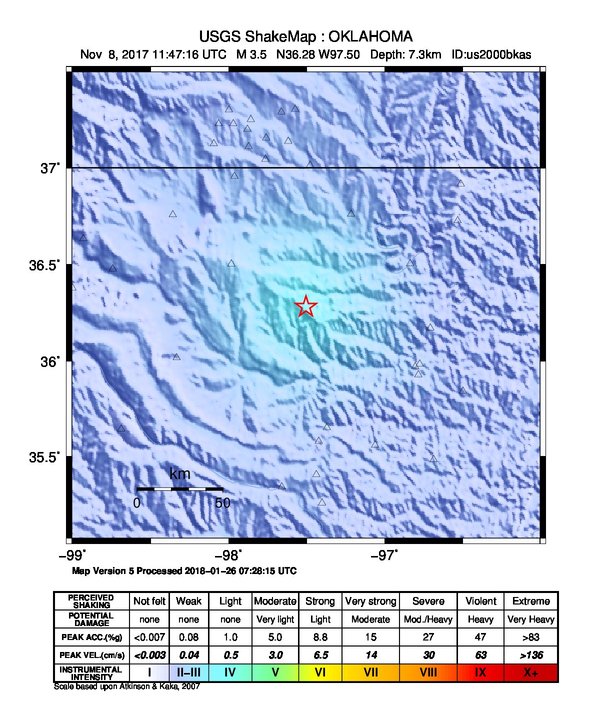 USGS ShakeMap: estimated shaking intensity around the epicenter