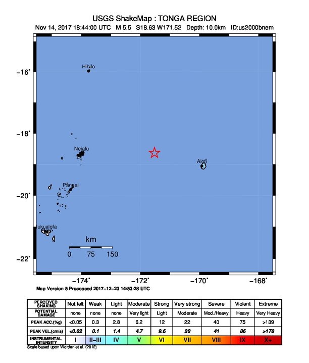 USGS ShakeMap: estimated shaking intensity around the epicenter