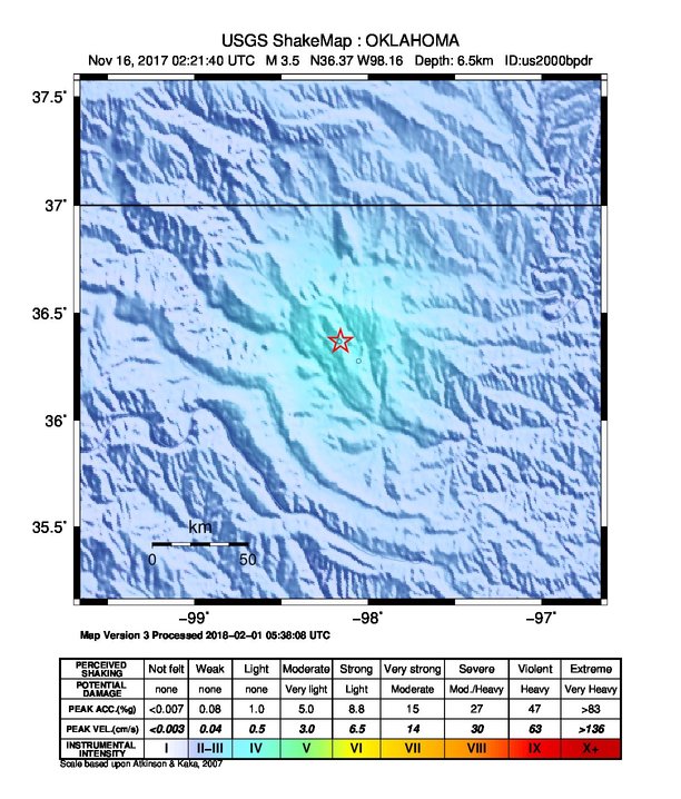 USGS ShakeMap: estimated shaking intensity around the epicenter