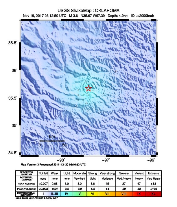 USGS ShakeMap: estimated shaking intensity around the epicenter