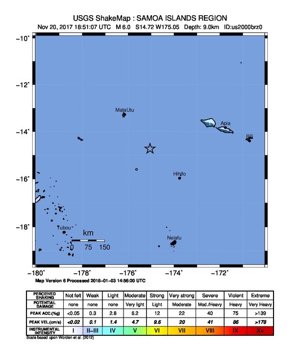 USGS ShakeMap: estimated shaking intensity around the epicenter