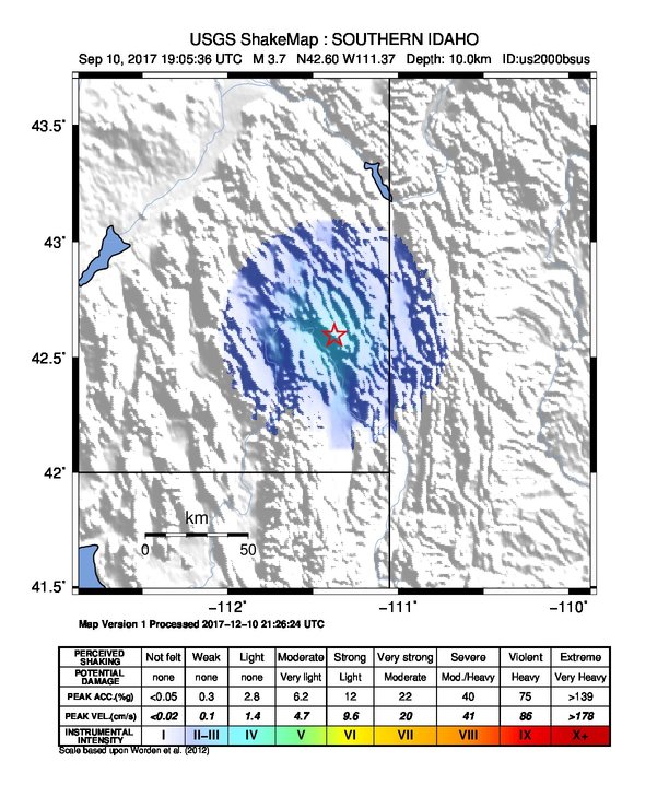USGS ShakeMap: estimated shaking intensity around the epicenter