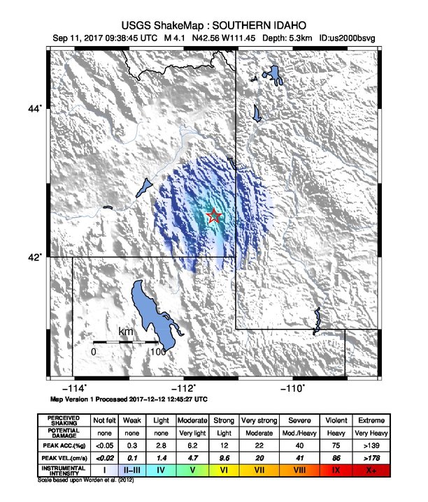 USGS ShakeMap: estimated shaking intensity around the epicenter