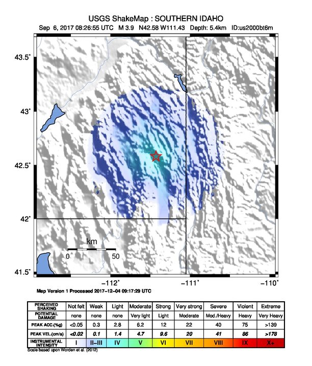 USGS ShakeMap: estimated shaking intensity around the epicenter