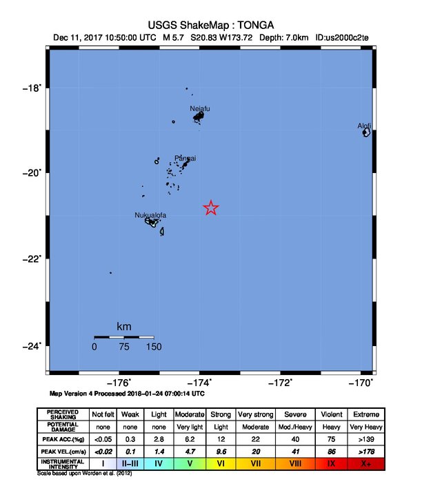 USGS ShakeMap: estimated shaking intensity around the epicenter