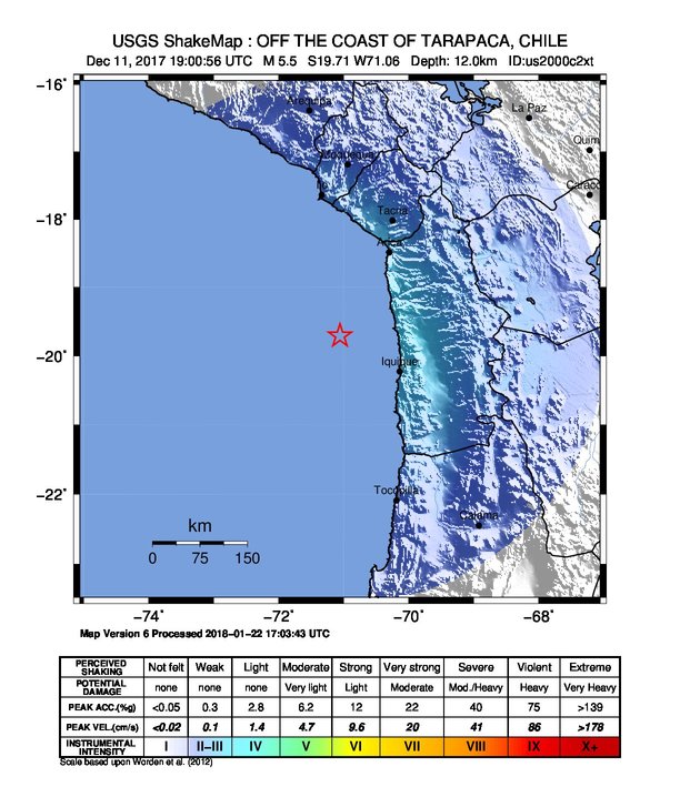 USGS ShakeMap: estimated shaking intensity around the epicenter
