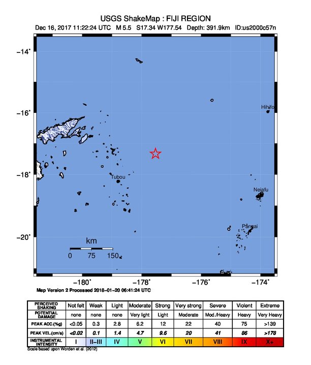 USGS ShakeMap: estimated shaking intensity around the epicenter
