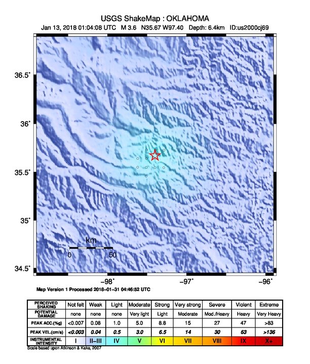 USGS ShakeMap: estimated shaking intensity around the epicenter