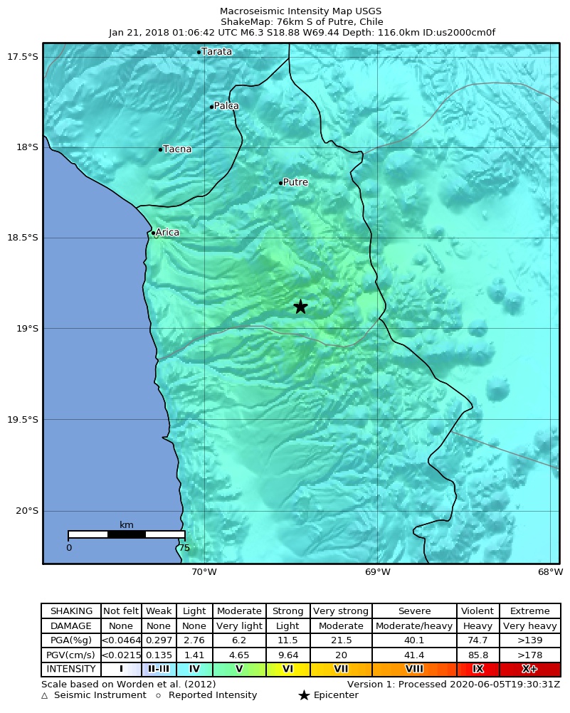 USGS ShakeMap: estimated shaking intensity around the epicenter
