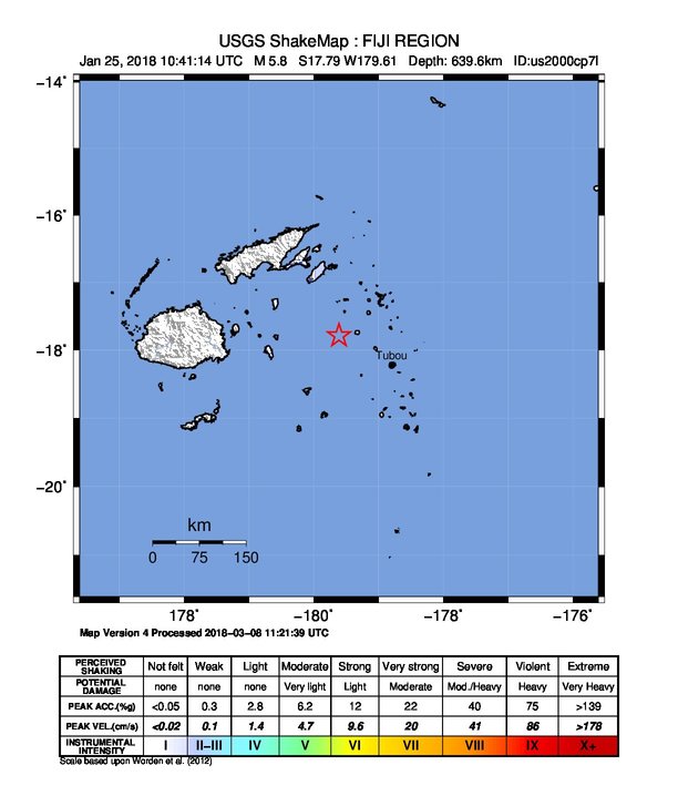 USGS ShakeMap: estimated shaking intensity around the epicenter