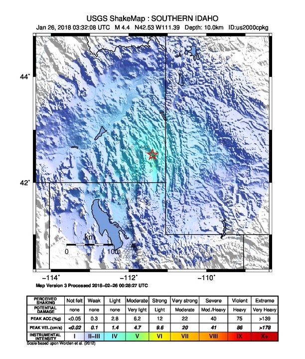 USGS ShakeMap: estimated shaking intensity around the epicenter